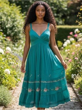 Johnny Was Teal Embroidered Midi sundress